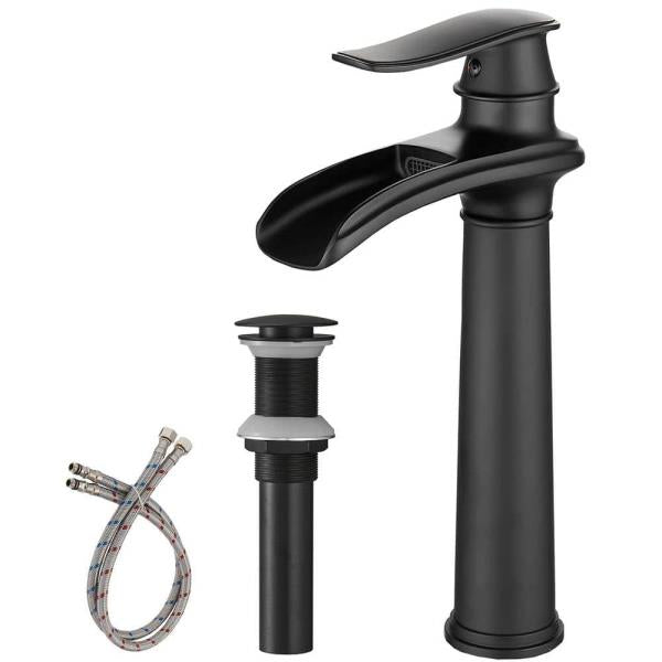 Waterfall Single Hole Single Handle Bathroom Vessel Sink Faucet with Pop-up Drain Assembly in Matte Black