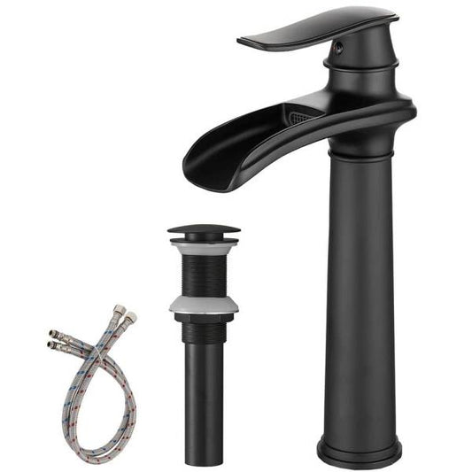 Waterfall Single Hole Single Handle Bathroom Vessel Sink Faucet with Pop-up Drain Assembly in Matte Black