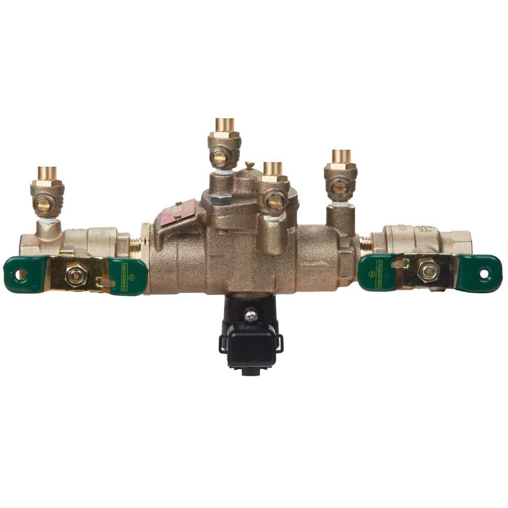 3/4 in Bronze Reduced Pressure Zone Backflow Preventer Assembly, Quarter Turn Shutoff Valves, Tee Handles, Flood Sensor
