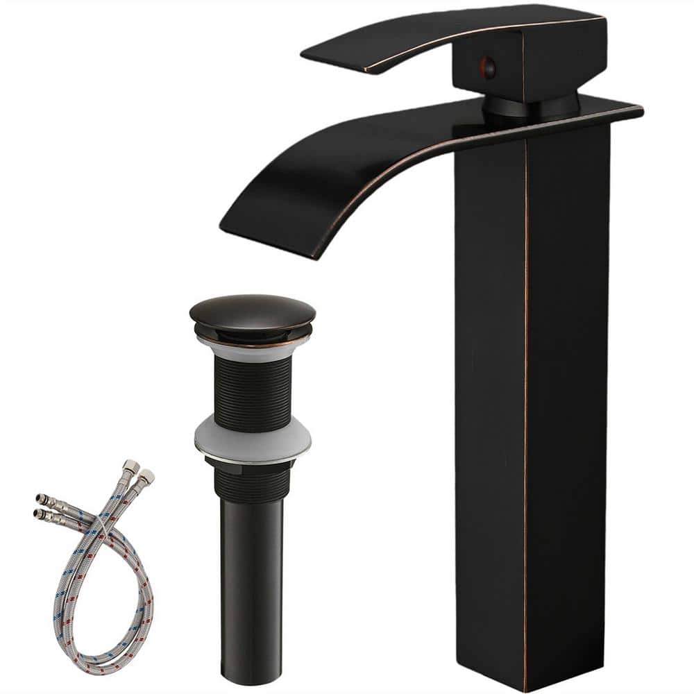 Single Handle Waterfall Bathroom Vessel Sink Faucet Single Hole HIgh Taps with Pop-up Drain in Oil Rubbed Bronze