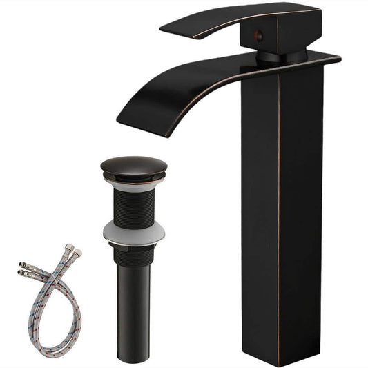 Single Handle Waterfall Bathroom Vessel Sink Faucet Single Hole HIgh Taps with Pop-up Drain in Oil Rubbed Bronze