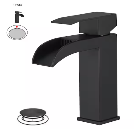 Waterfall Single Handle Single Hole Modern Bathroom Faucet in Matte Black