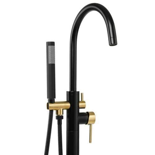 1-Handle Freestanding Floor Mount Tub Faucet Bathtub Filler w/ Hand Shower,Matte Black and Gold, Single Handle,