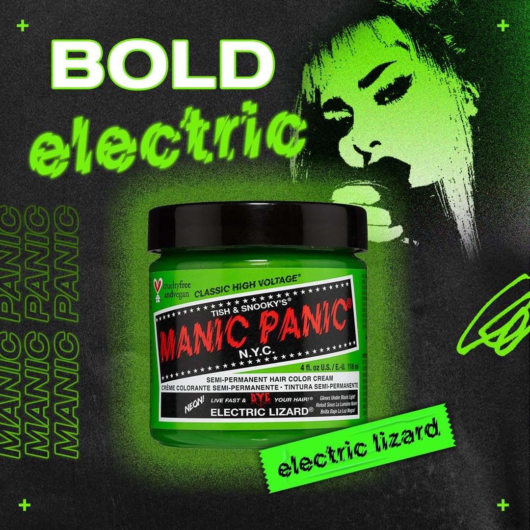 MANIC PANIC Classic Electric Lizard Semi Permanent Hair Color - Bright Neon Green Hair Dye for Women & Men That Lasts 4-6 Weeks - Vegan, Ammonia & Cruelty-Free - Create & Mix Custom Shades (4oz)