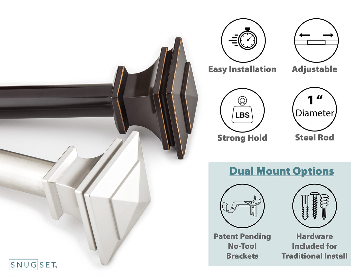72-144" Nickel Curtain Rod, Quick Easy Installation, No Tools Option, 1" Diameter, Durable Steel Construction, Supports Heavy Fabrics, Decorative Square Finial, 4 Brackets, 72"-144" Adjustable