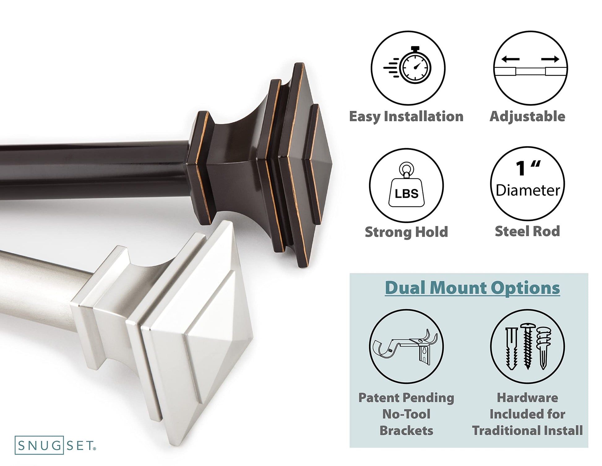 72-144" Nickel Curtain Rod, Quick Easy Installation, No Tools Option, 1" Diameter, Durable Steel Construction, Supports Heavy Fabrics, Decorative Square Finial, 4 Brackets, 72"-144" Adjustable