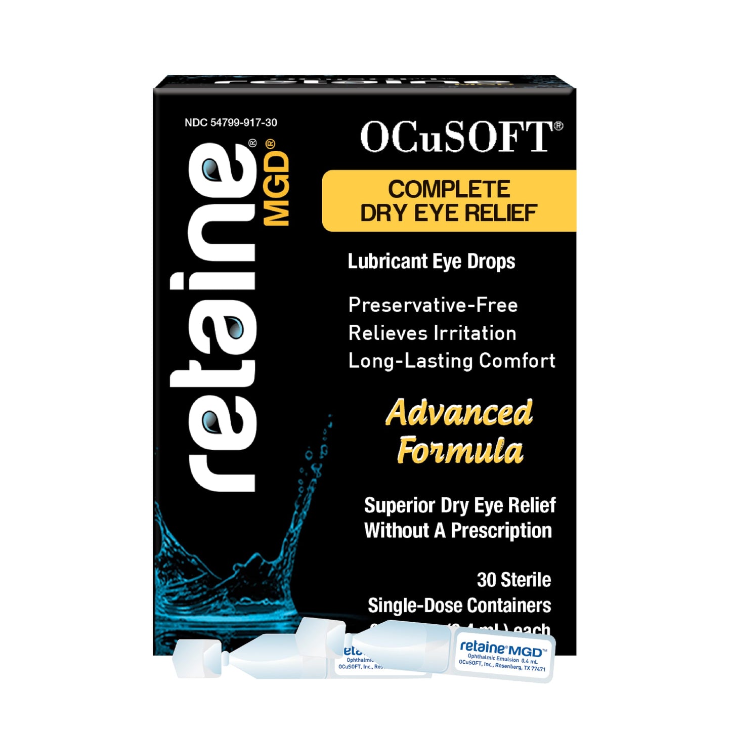 OCuSOFT Retaine MGD Ophthalmic Emulsion - Complete Dry Eye Relief - Soothes Red & Irritated Eyes - 30 Count Preservative-Free Single-Use Containers - 0.01 Fl Oz