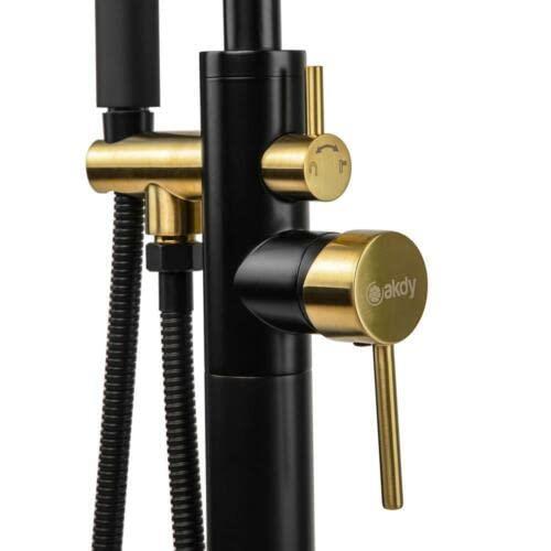 1-Handle Freestanding Floor Mount Tub Faucet Bathtub Filler w/ Hand Shower,Matte Black and Gold, Single Handle,
