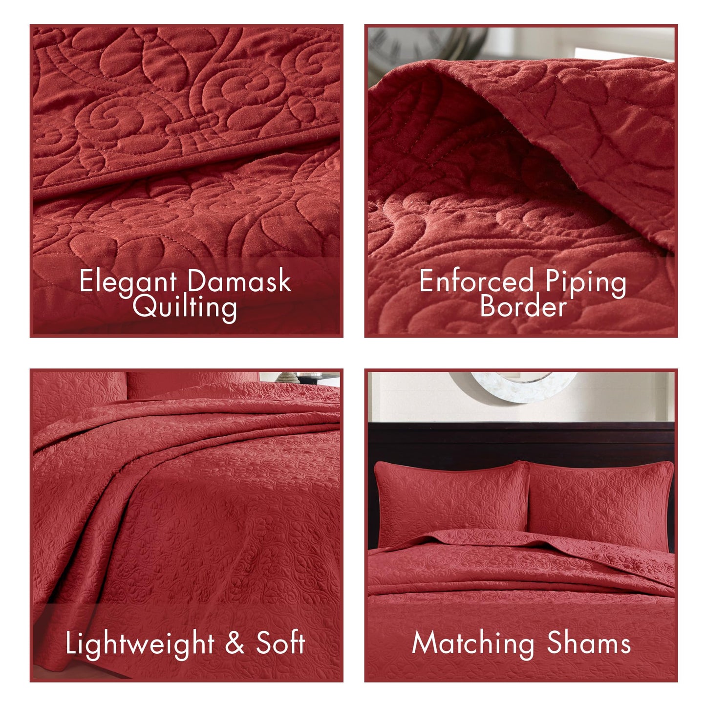 Madison Park Quebec King Size Quilt Bedding Set - Red , Damask – 3 Piece Bedding Quilt Coverlets – Ultra Soft Microfiber Bed Quilts Quilted Coverlet