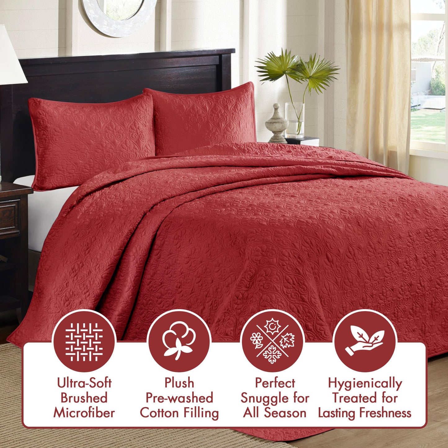 Madison Park Quebec King Size Quilt Bedding Set - Red , Damask – 3 Piece Bedding Quilt Coverlets – Ultra Soft Microfiber Bed Quilts Quilted Coverlet