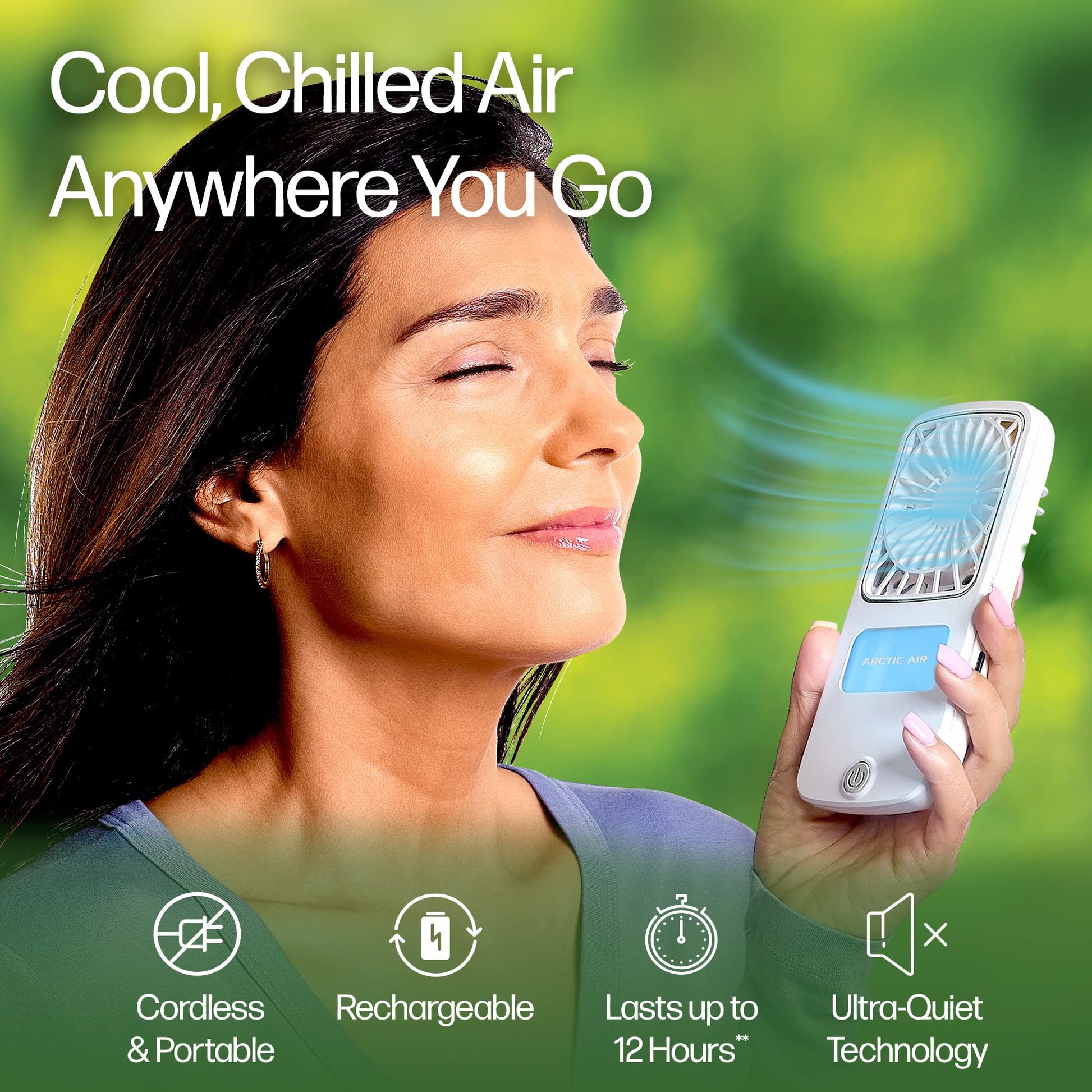 Arctic Air Portable Fan, Pocket Chill Handheld Mini Fan, Rechargeable Personal Air Cooler with Hydro-Chill Technology, 3 Speeds & Built-in-Kickstand, Cordless for Travel, Indoor or Outdoor Use