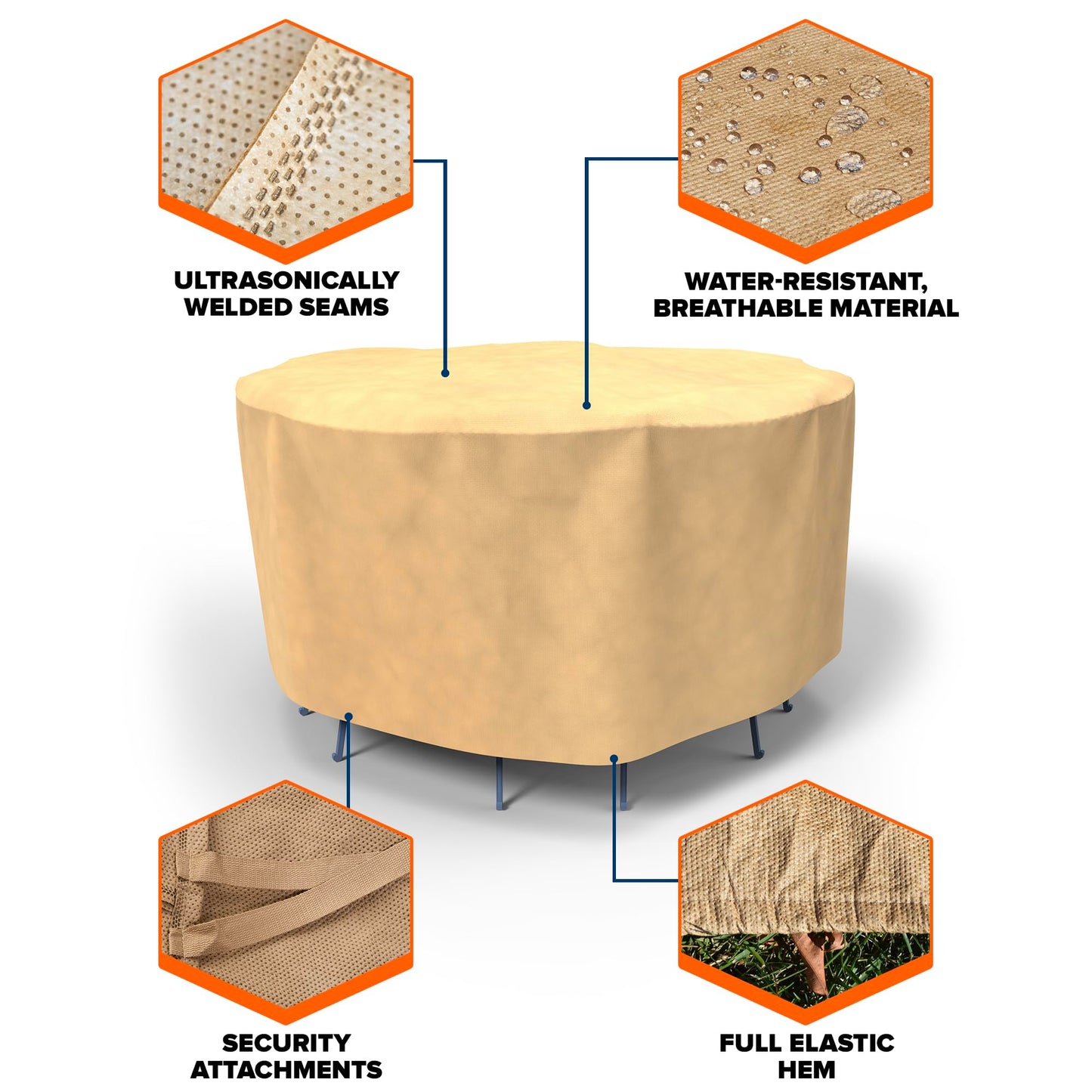 Budge P5A23SF1 All Seasons Round Patio Table Cover Lightweight, UV-Resistant, Large, Tan