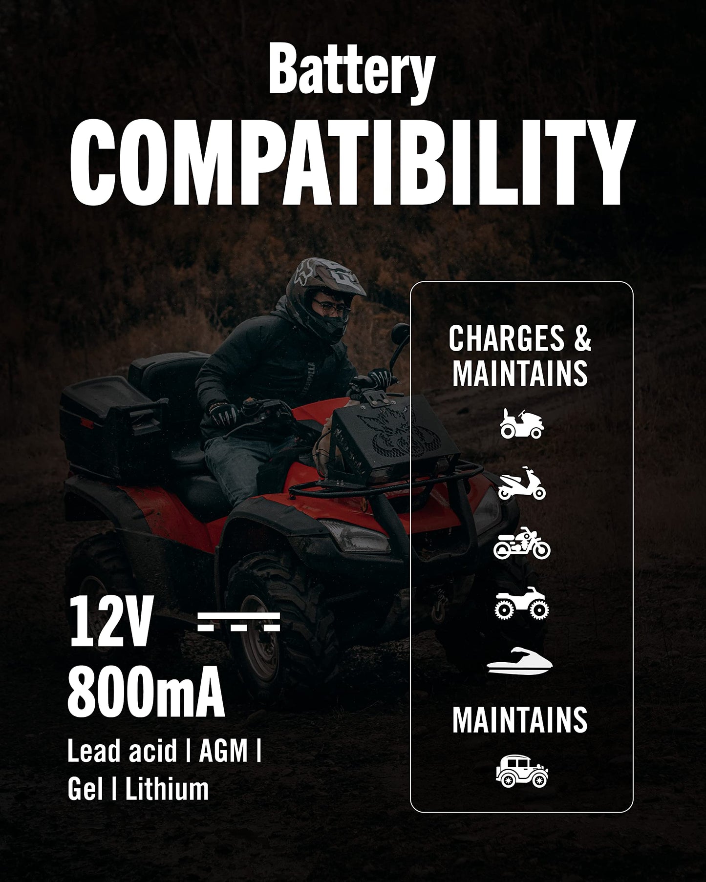 Battery Tender Junior 12V, 800mA Battery Charger and Maintainer for Lead Acid and Lithium Batteries - Switchable Battery Charger for Powersports - 022-0199-DL-WH