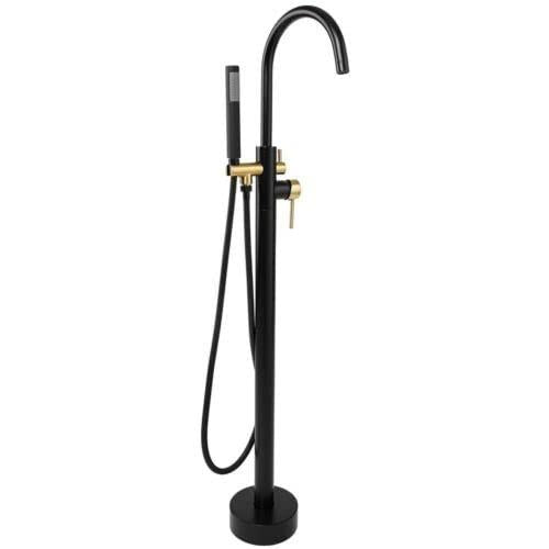 1-Handle Freestanding Floor Mount Tub Faucet Bathtub Filler w/ Hand Shower,Matte Black and Gold, Single Handle,