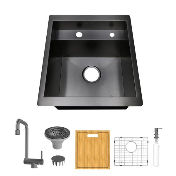 Zero Radius 17 in. Undermount 18G Gunmetal Black Stainless Steel Single Bowl Workstation Bar Sink with Folding Faucet