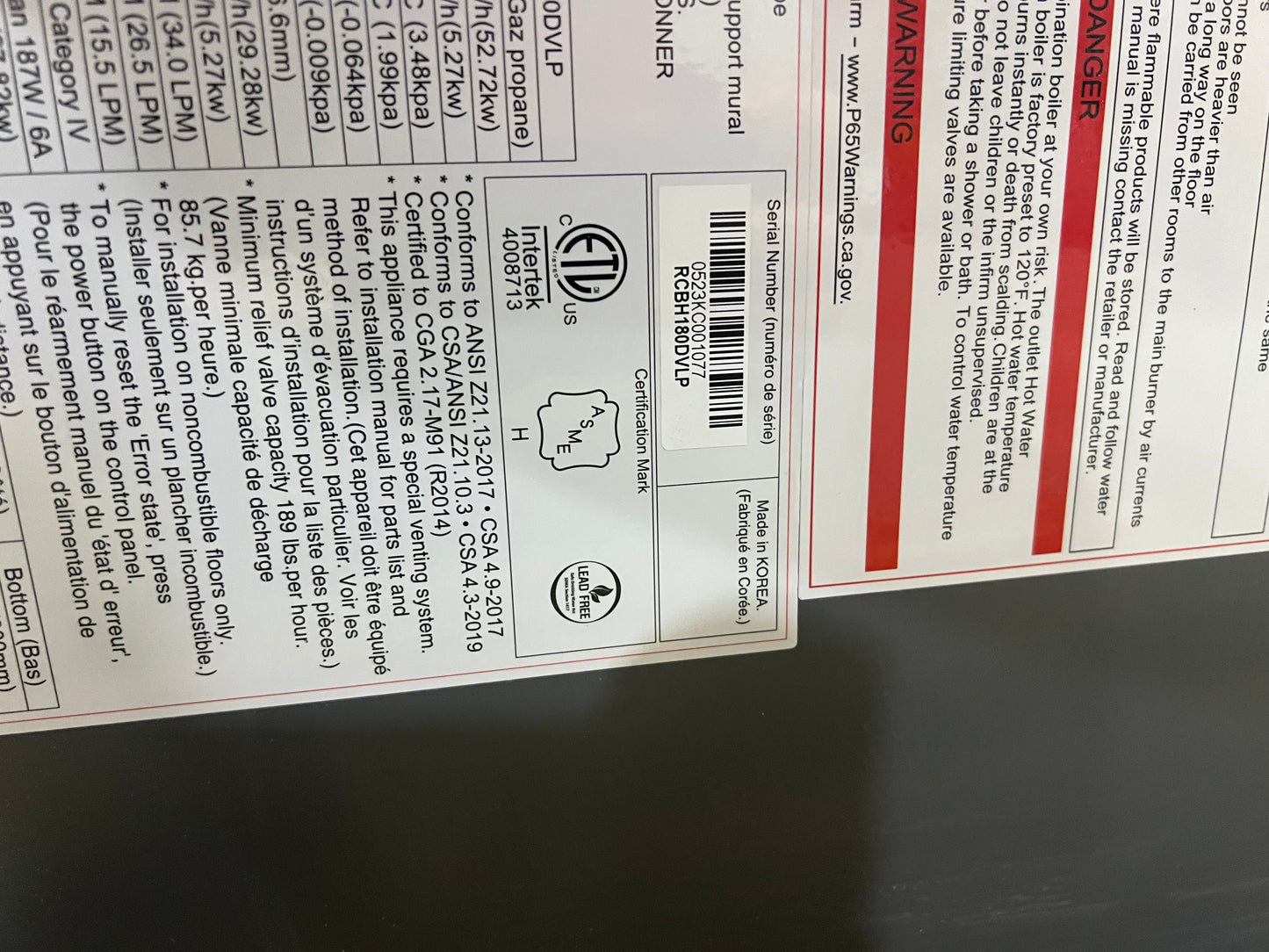 (USED) RHEEM 9.0 GPM Propane Liquid High Efficiency Combi Boiler with 180000 BTU