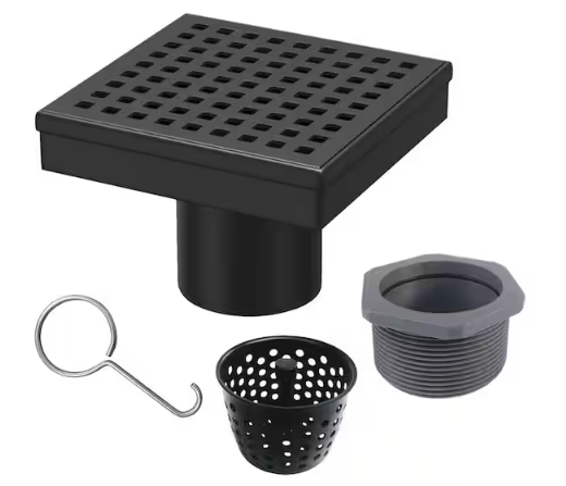 RELN 4 in. x 4 in. Matte Black Square Shower Drain with Square Pattern Drain Cover