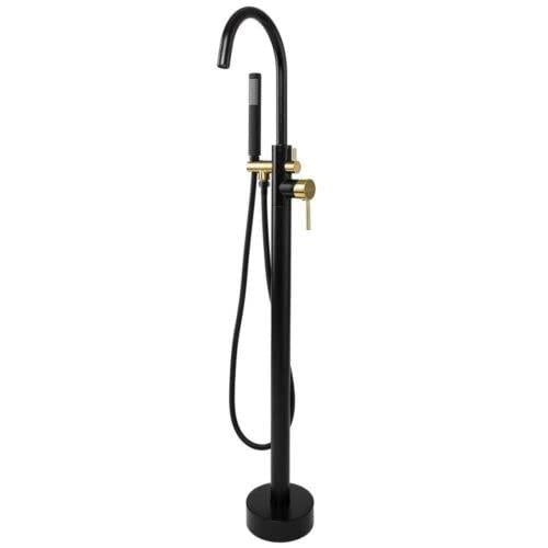 1-Handle Freestanding Floor Mount Tub Faucet Bathtub Filler w/ Hand Shower,Matte Black and Gold, Single Handle,