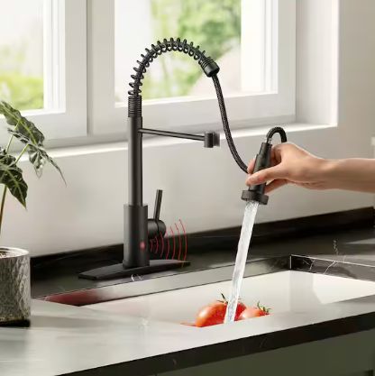 Touchless Single Handle Spring Pull-Down Sprayer Kitchen Faucet in Matte Black
