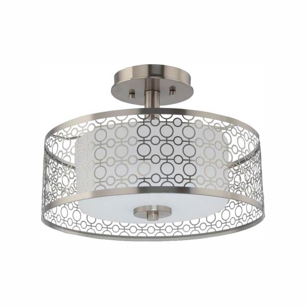 Toberon 14 in. 1-Light Brushed Nickel LED Semi-Flush Mount with Etched Parchment Glass Shade