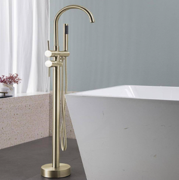 Single-Handle Free-Standing Tub Faucet with Handheld Shower in Brushed Gold