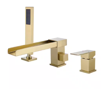 Single-Handle Deck Mount Roman Tub Faucet with Handheld Shower in Brushed Gold