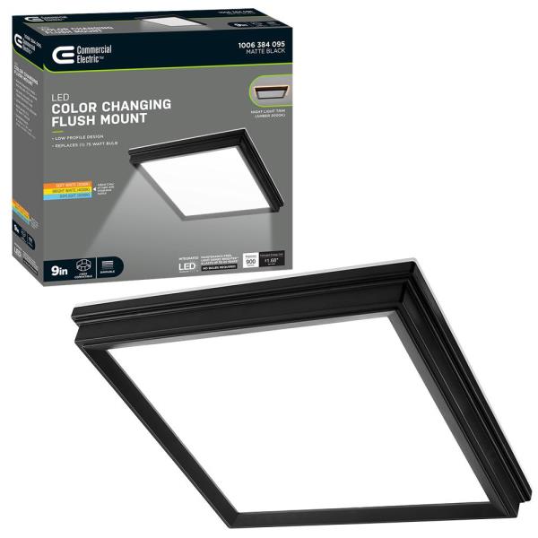 Low Profile 9 in. Matte Black Square LED Flush Mount with Night Light Feature J-Box Compatible Dimmable 900 Lumens