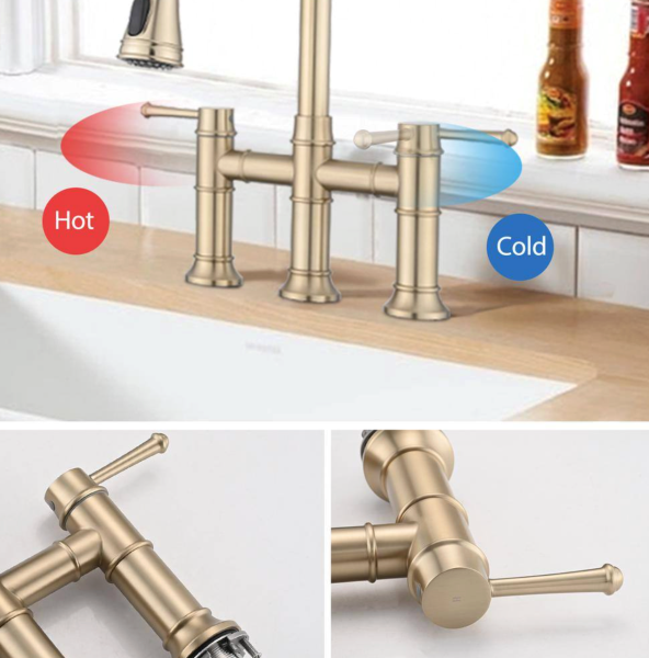 Fapully Double Handle Kitchen Bridge Faucet with Pull Down Sprayer Kitchen Faucet, 8 inch Kitchen Faucet in Brushed Gold